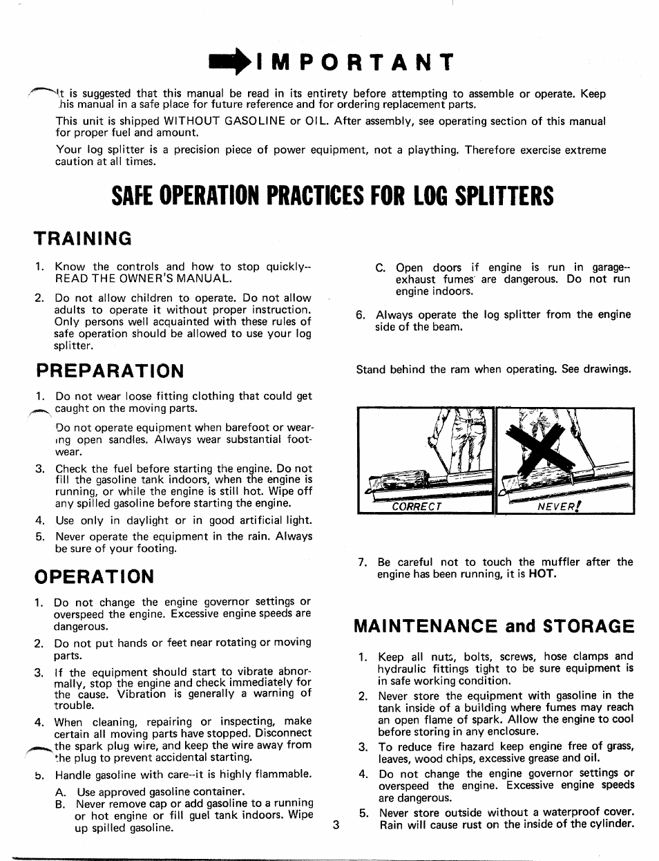 Safe operation practices for log splitters, Training, Preparation | Operation, Maintenance and storage | MTD 241-640A User Manual | Page 3 / 15