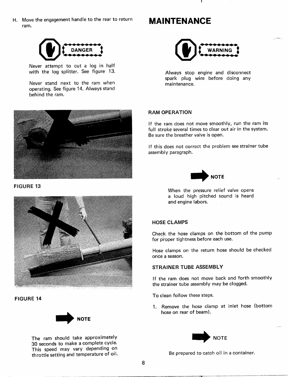 Danger, Warning, Ram operation | Hose clamps, Strainer tube assembly, Maintenance | MTD 241-640A User Manual | Page 8 / 15