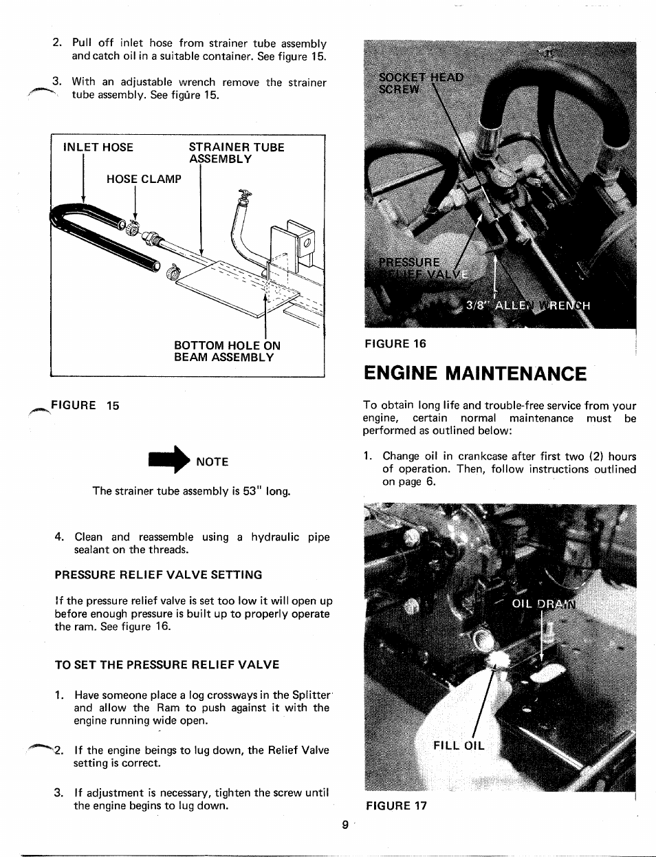 Inlet hose strainer tube, Assembly, Note | Pressure relief valve setting, To set the pressure relief valve, Engine maintenance | MTD 241-640A User Manual | Page 9 / 15