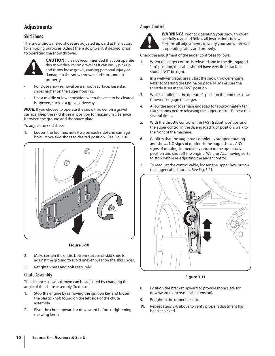 Adjustments, Skid shoes, Chute assembly | Auger control | MTD K Style User Manual | Page 10 / 32