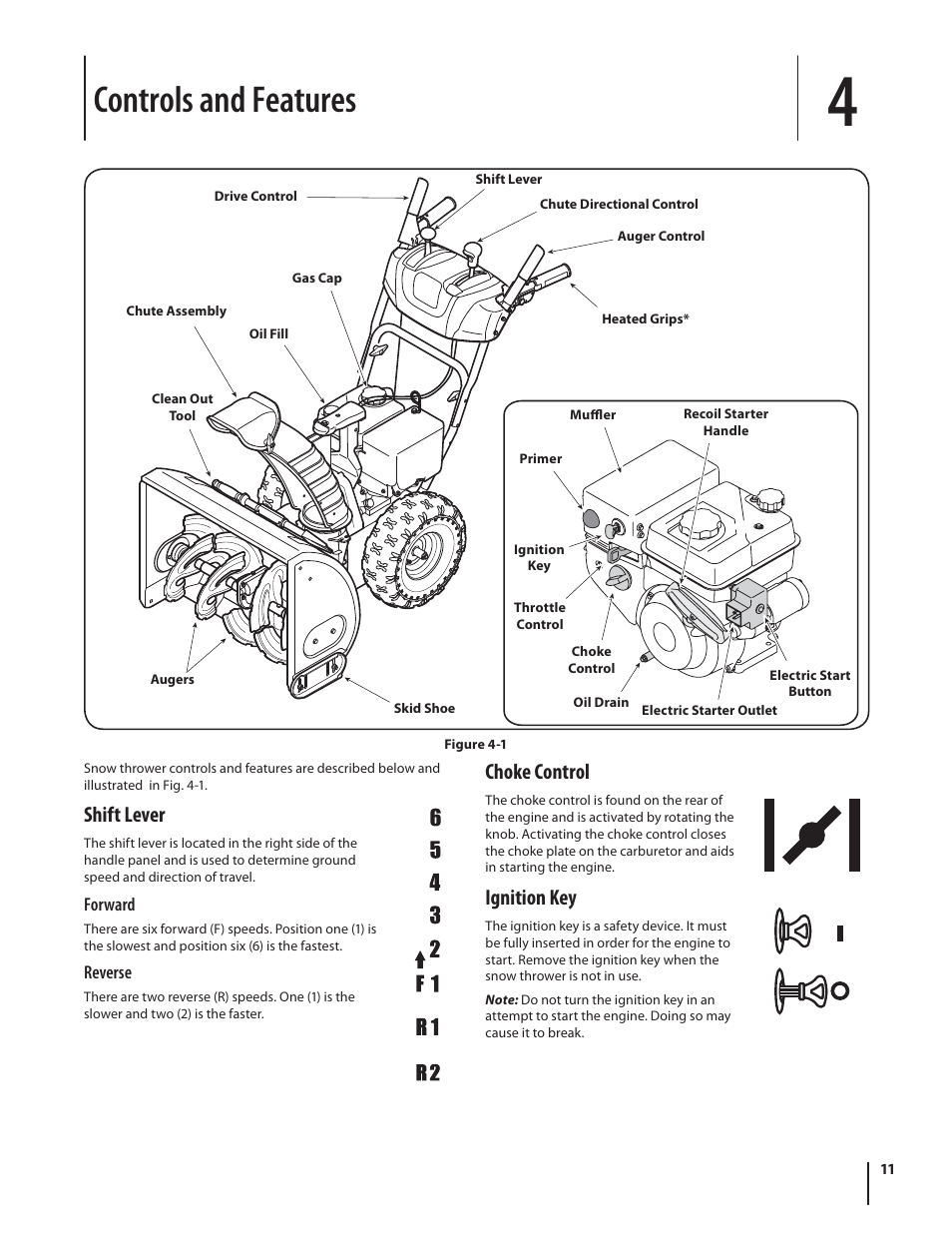 Controls and features, Shift lever, Choke control | Ignition key | MTD K Style User Manual | Page 11 / 32