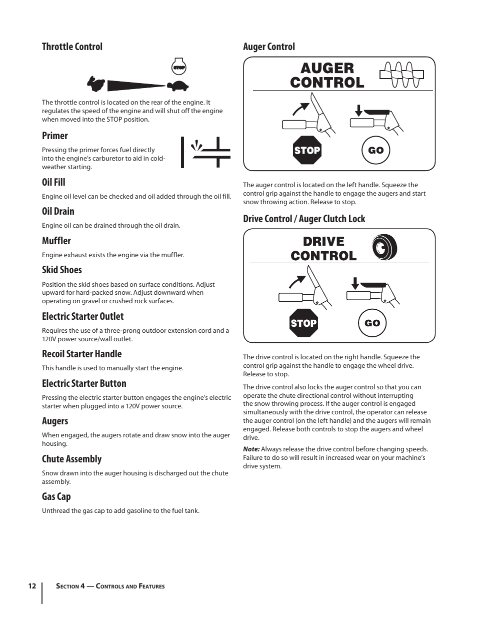 Throttle control, Primer, Oil fill | Oil drain, Muffler, Skid shoes, Electric starter outlet, Recoil starter handle, Electric starter button, Augers | MTD K Style User Manual | Page 12 / 32