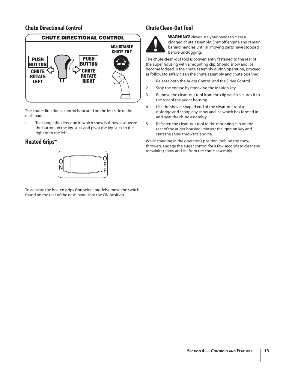 Chute directional control, Heated grips, Chute clean-out tool | MTD K Style User Manual | Page 13 / 32