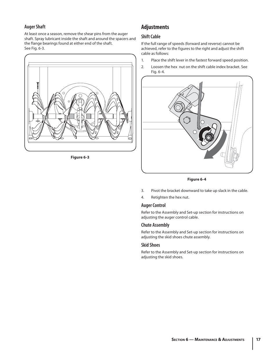 Adjustments, Auger shaft, Shift cable | Auger control, Chute assembly, Skid shoes | MTD K Style User Manual | Page 17 / 32