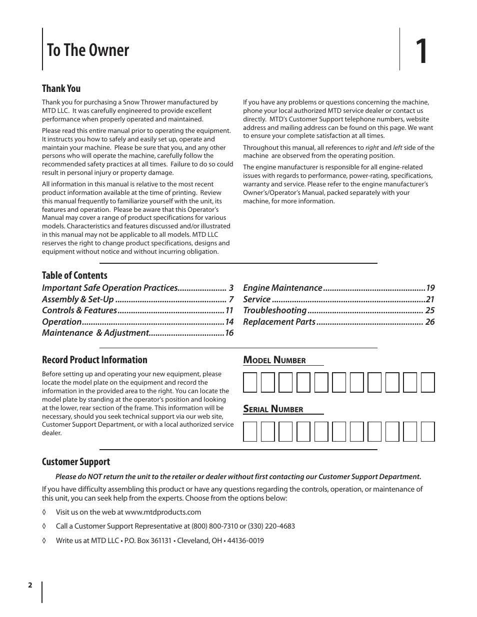 Record product information, Table of contents m, Customer support | MTD K Style User Manual | Page 2 / 32