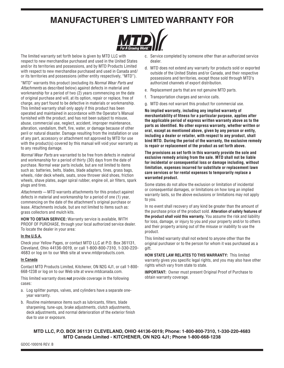 Manufacturer’s limited warranty for | MTD K Style User Manual | Page 32 / 32