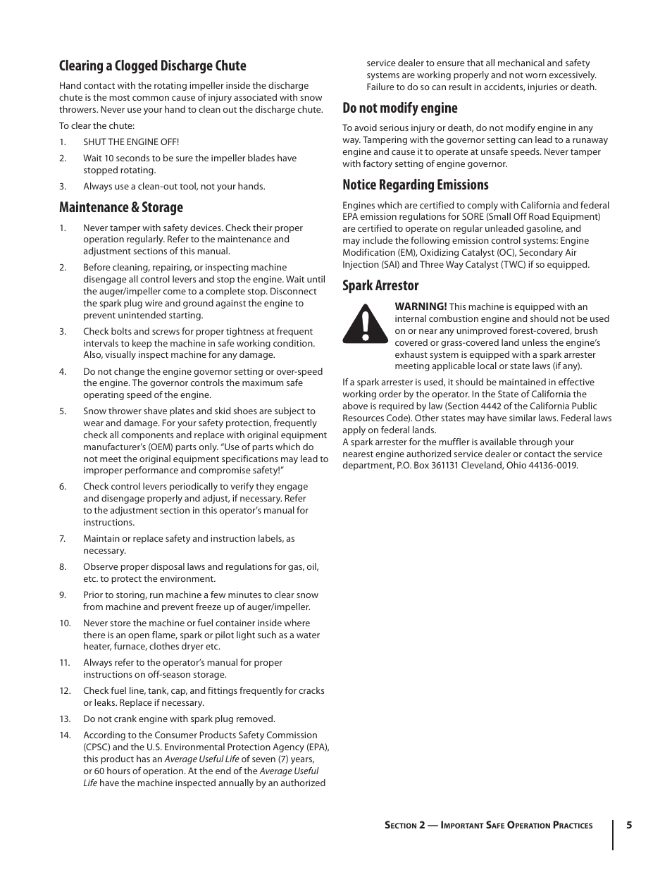 Clearing a clogged discharge chute, Maintenance & storage, Do not modify engine | Notice regarding emissions, Spark arrestor | MTD K Style User Manual | Page 5 / 32