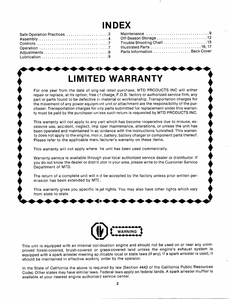 Index, Limited warranty | MTD 114-074-000 User Manual | Page 2 / 19