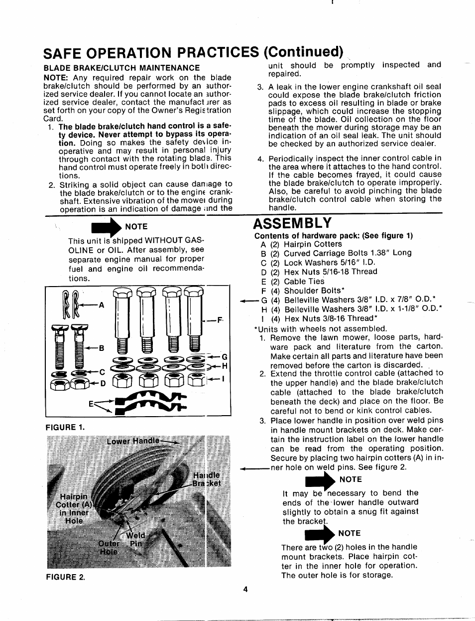 Safe operation practices (continued), Blade brakeiclutch maintenance, Note | Lower handle, Assembly, Contents of hardware pack: (see figure 1) | MTD 114-074-000 User Manual | Page 4 / 19