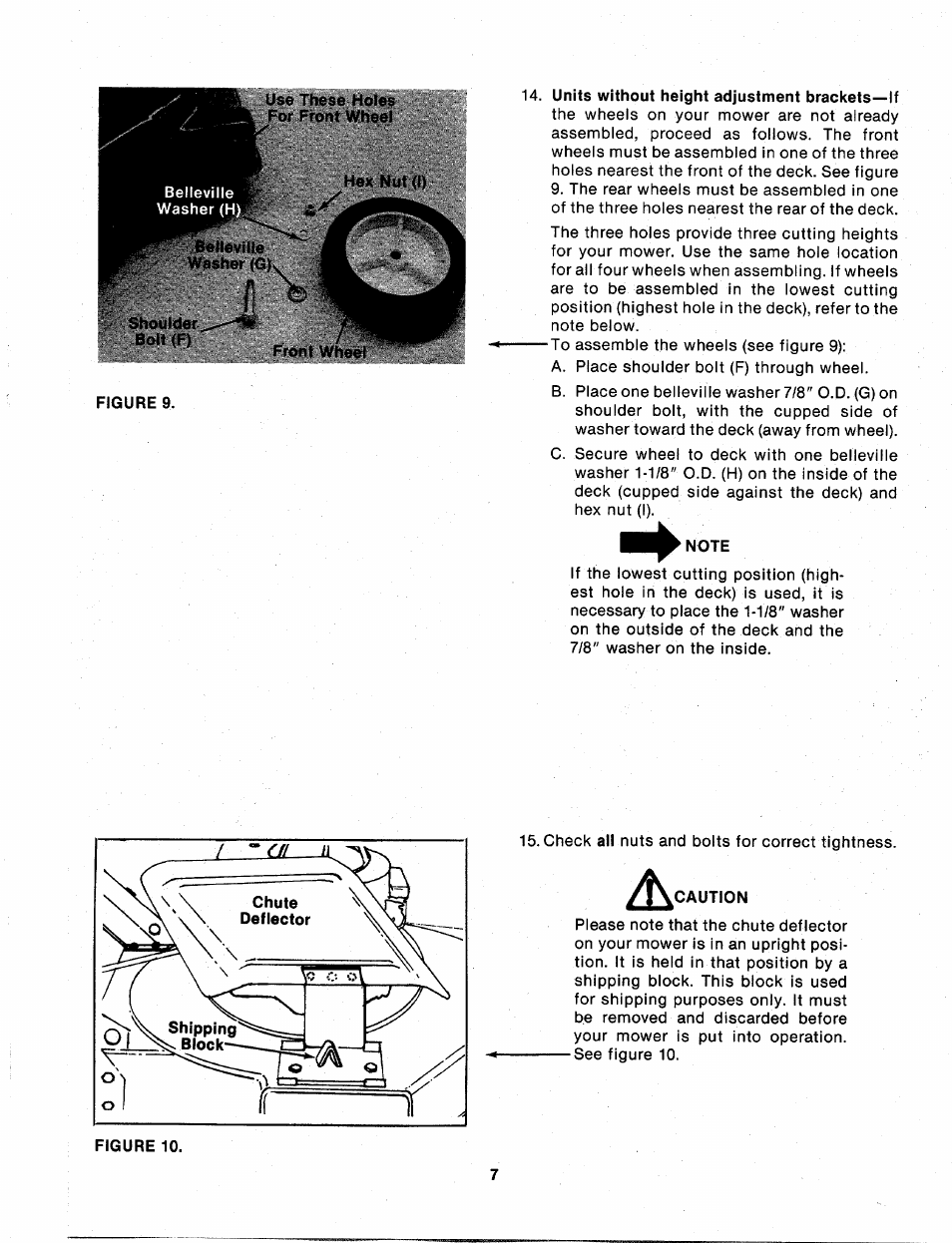 N use these holes “ for front wheel, Shoulder bolt (f), Units without height adjustment brackets—if | Note, Caution | MTD 114-074-000 User Manual | Page 7 / 19