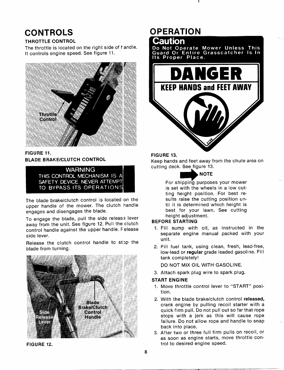 Throttle control, Warning, Caution | Note, Before starting, Start engine, Controls, Operation | MTD 114-074-000 User Manual | Page 8 / 19