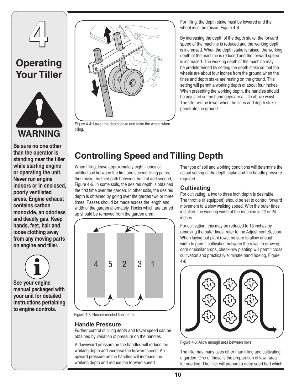 Operating your tiller, Warning, Controlling speed and tilling depth | MTD 240 Series User Manual | Page 10 / 20