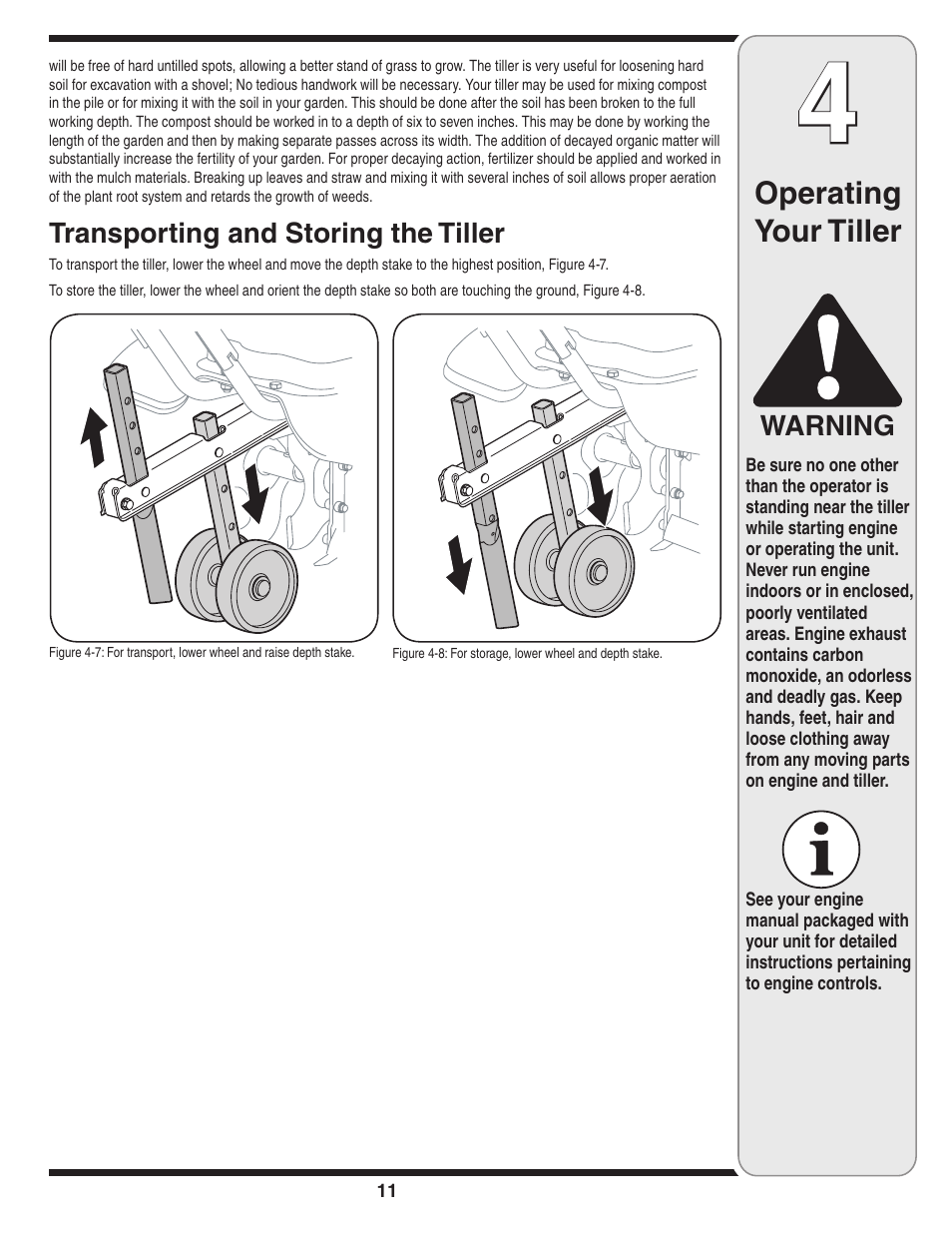 Operating your tiller, Warning, Transporting and storing the tiller | MTD 240 Series User Manual | Page 11 / 20