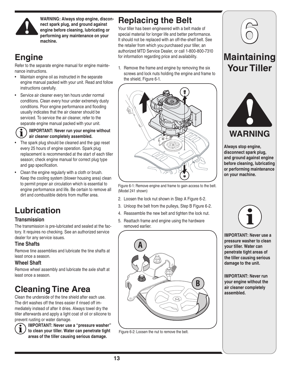 Maintaining your tiller, Warning replacing the belt, Engine | Lubrication, Cleaning tine area | MTD 240 Series User Manual | Page 13 / 20