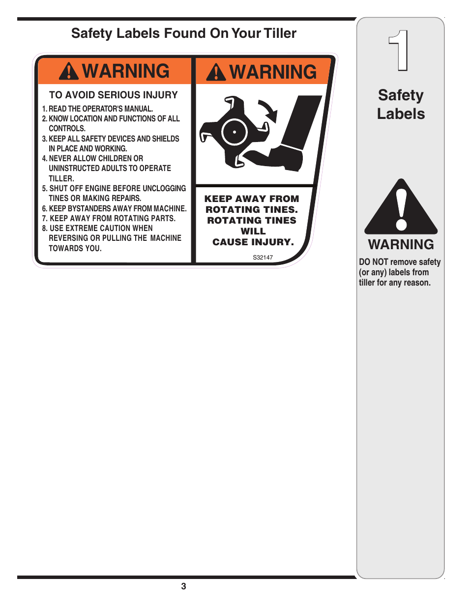 Warning, Safety labels, Safety labels found on your tiller | MTD 240 Series User Manual | Page 3 / 20