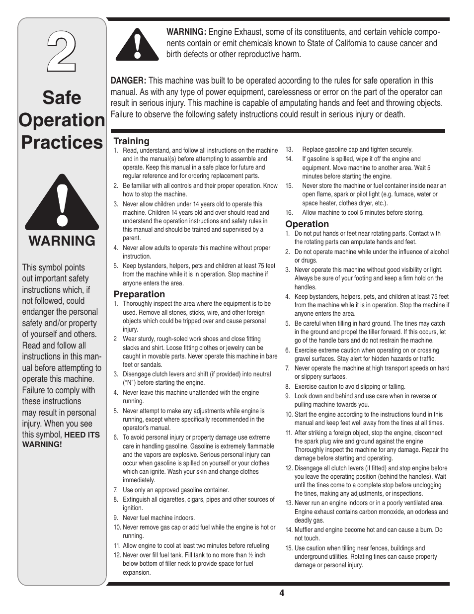 Safe operation practices, Warning | MTD 240 Series User Manual | Page 4 / 20