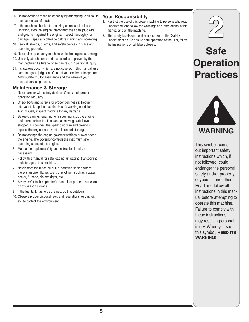 Safe operation practices, Warning | MTD 240 Series User Manual | Page 5 / 20