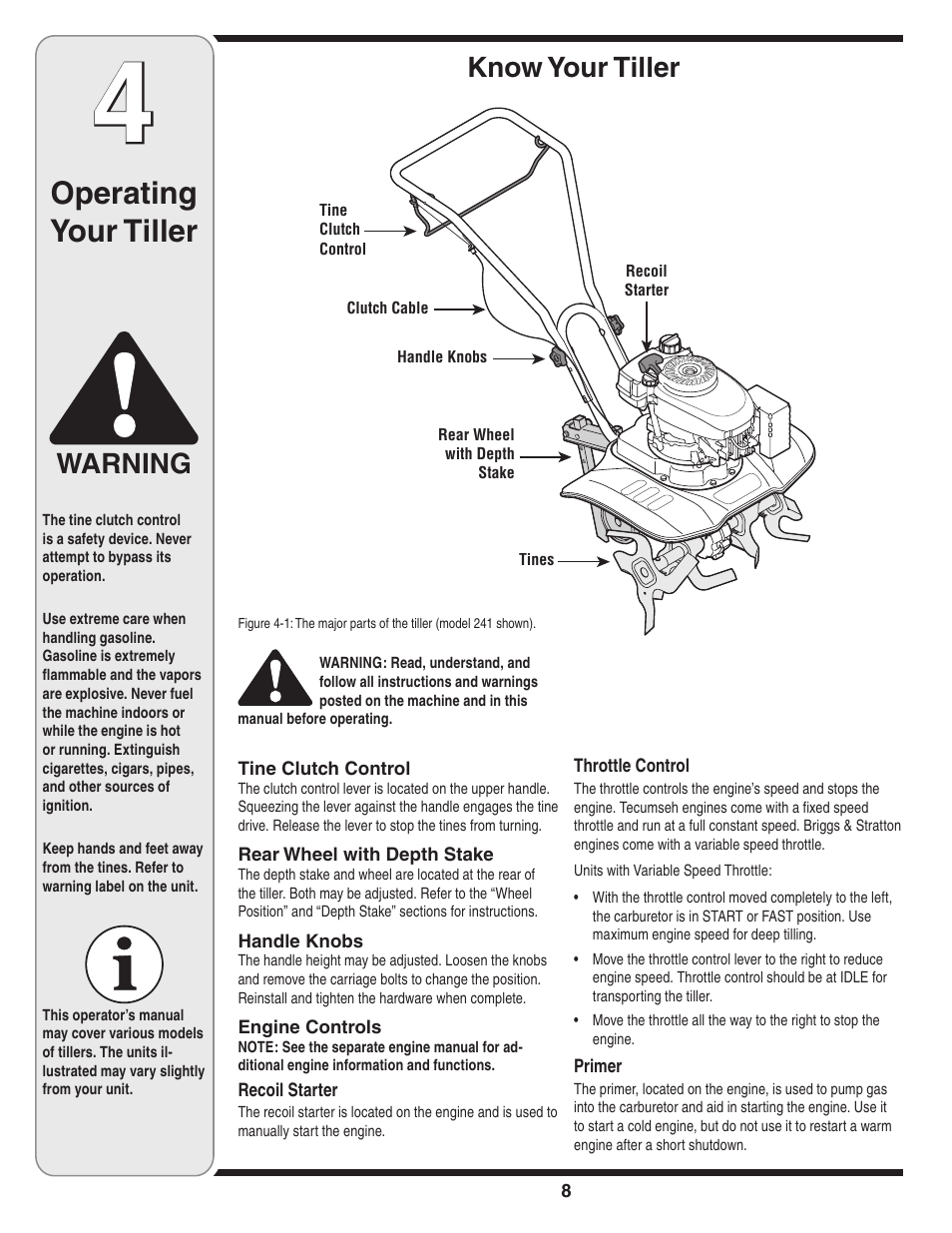 Operating your tiller, Warning, Know your tiller | MTD 240 Series User Manual | Page 8 / 20