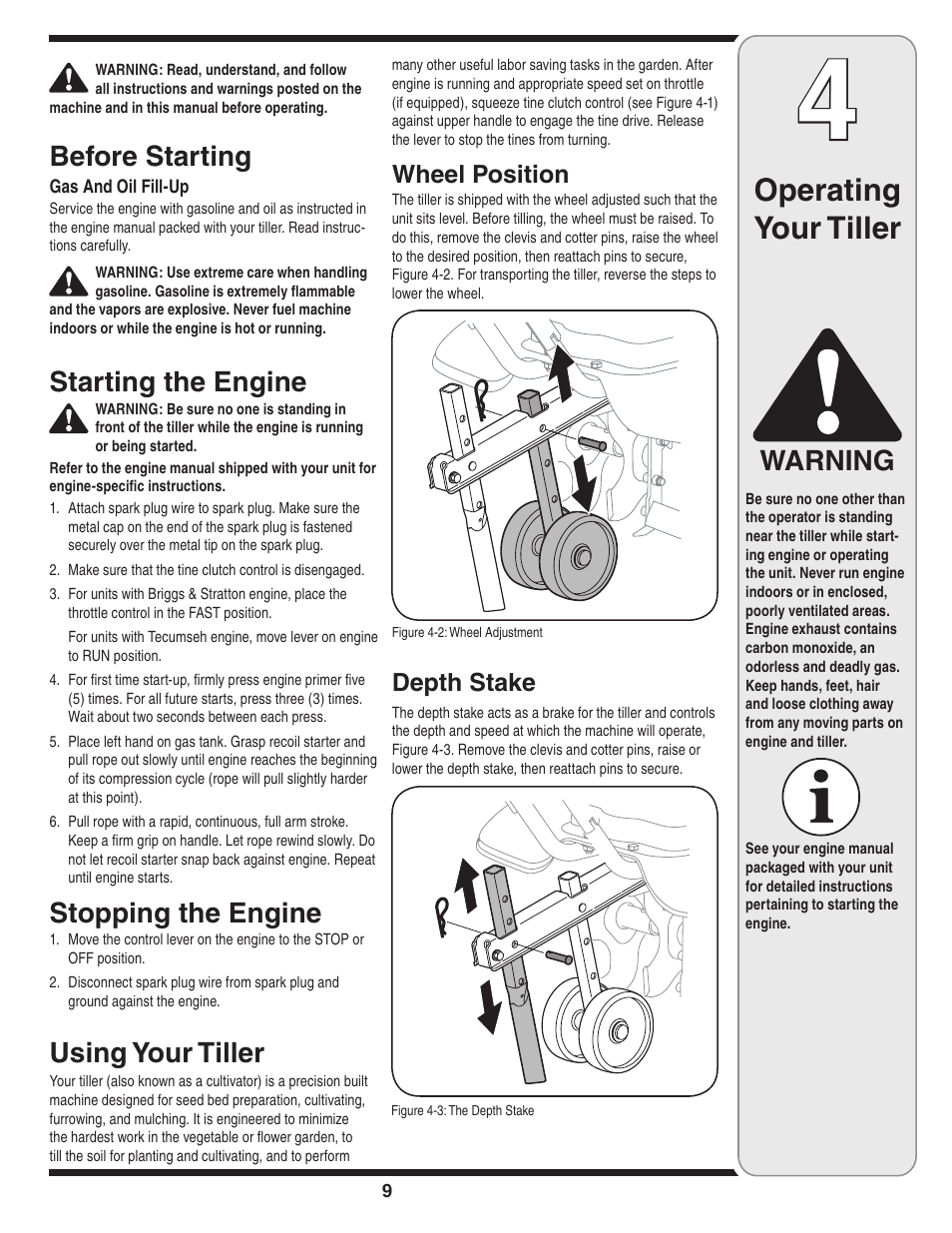 Operating your tiller, Warning, Before starting | Starting the engine, Stopping the engine, Using your tiller, Wheel position, Depth stake | MTD 240 Series User Manual | Page 9 / 20