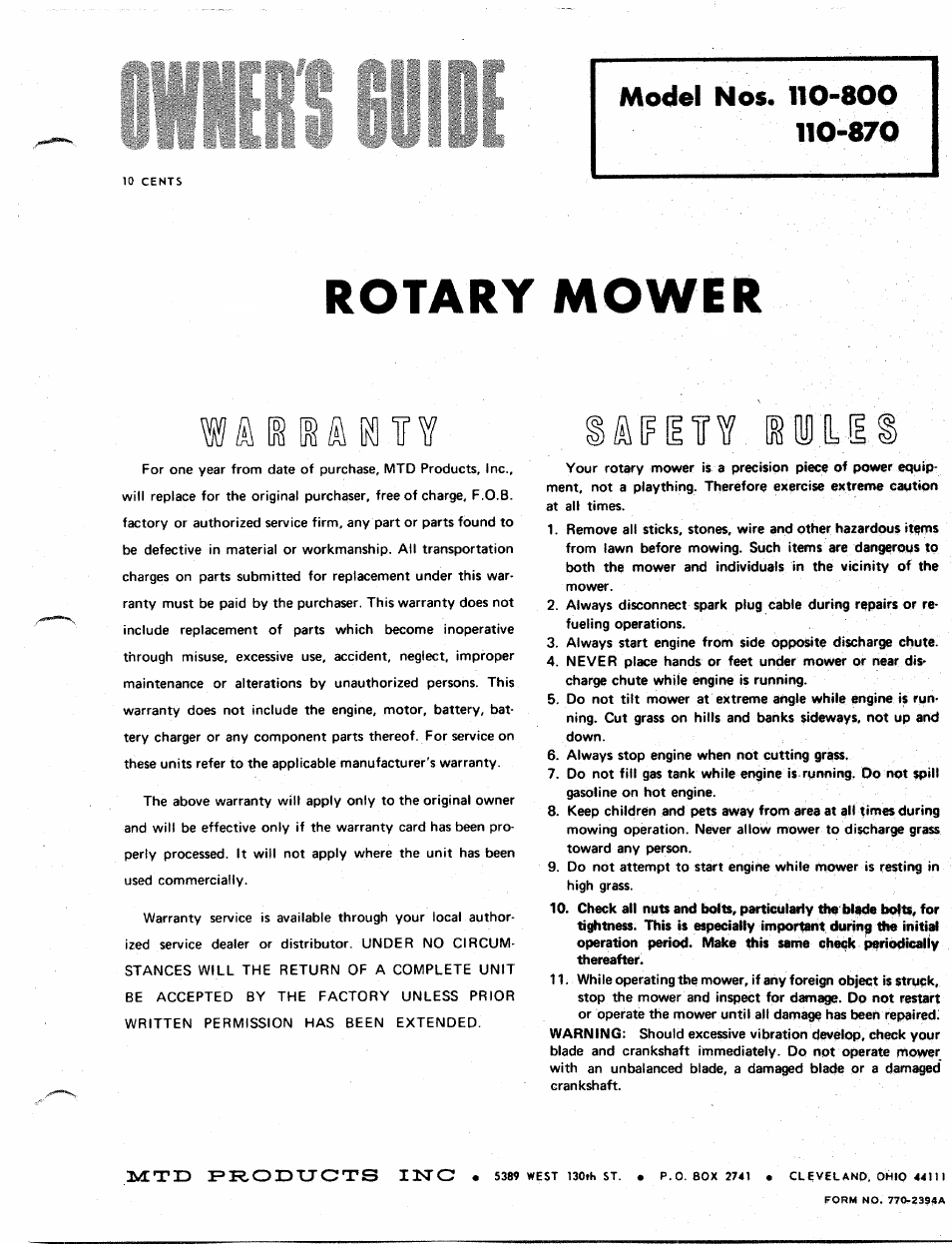 MTD 110-870 User Manual | 4 pages