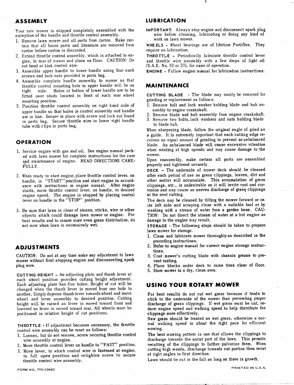 Operation, Adjustments, Maintenance | Using your rotary mower | MTD 110-870 User Manual | Page 4 / 4