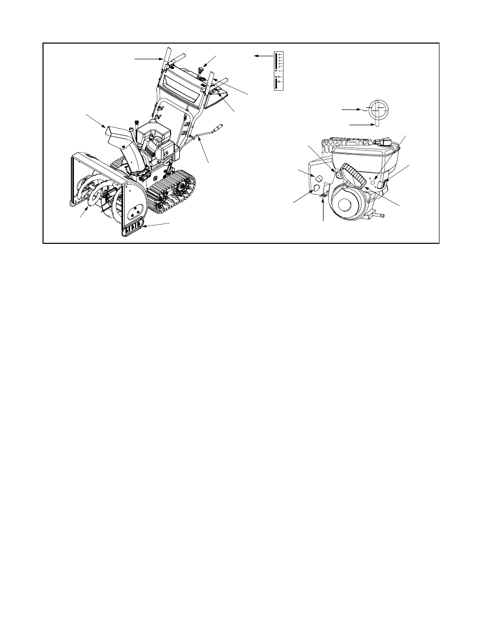 Shift lever, Chute directional control, Track steering controls | Headlight, Skid shoe, Throttle control, Safety ignition key, Fuel shut-off valve | MTD E740F User Manual | Page 10 / 32