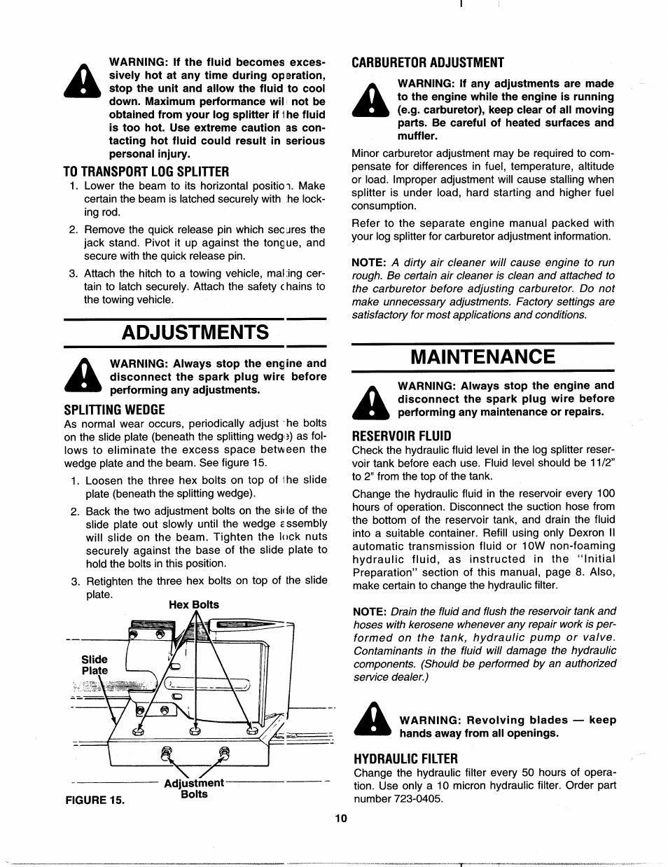 To transport log splitter, Adjustments, Carburetor adjustment | Splitting wedge, Maintenance, Reservoir fluid, Hydraulic filter | MTD 242-630-000 User Manual | Page 10 / 16