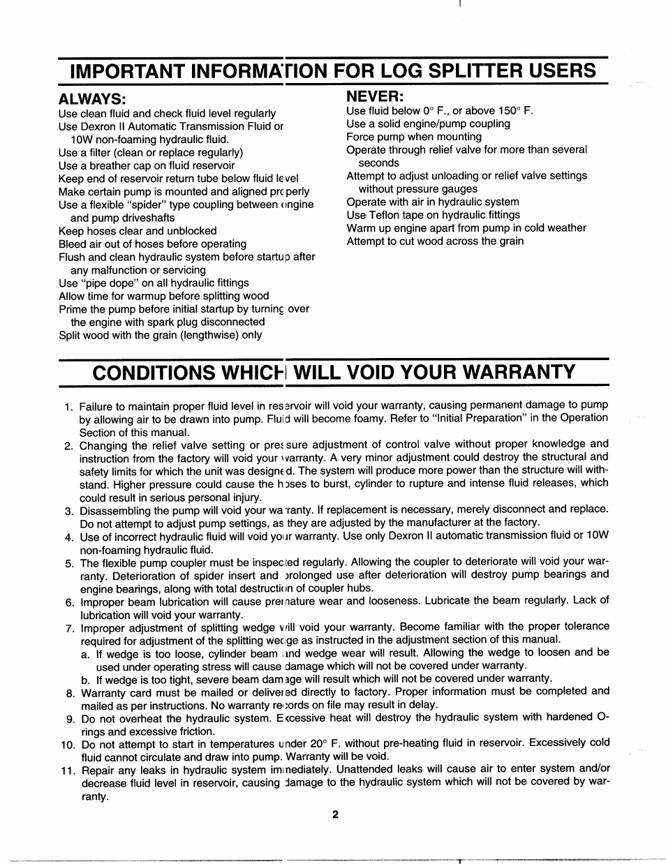 Important information for log splitter users, Conditions which will void your warranty, Always | Never | MTD 242-630-000 User Manual | Page 2 / 16