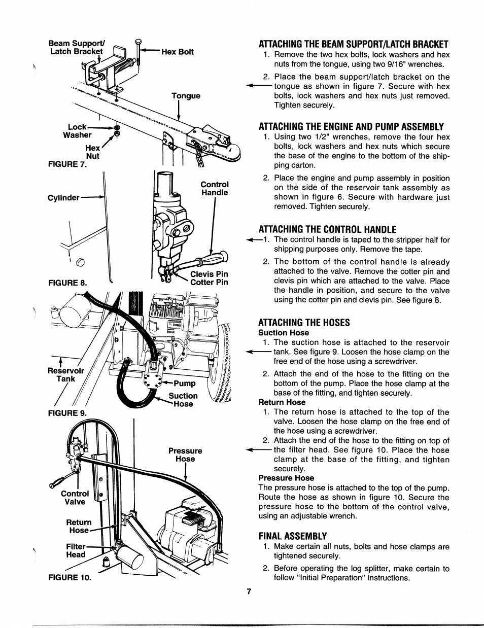 Ahaching the beam support/latch bracket, Attaching the engine and pump assembly, Attaching the control handle | Attaching the hoses, Final assembly | MTD 242-630-000 User Manual | Page 7 / 16