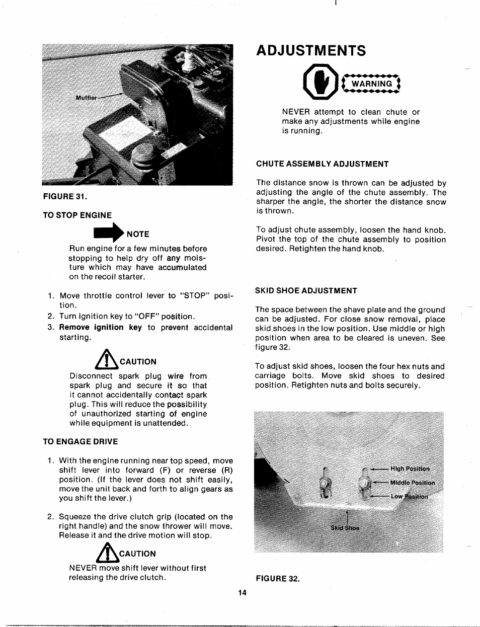 Adjustments, To stop engine, Note | Caution, To engage drive, Warning j, Chute assembly adjustment, Skid shoe adjustment | MTD 310-430A User Manual | Page 14 / 27