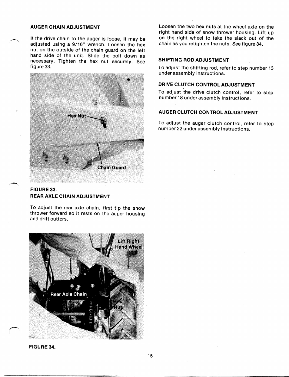 Auger chain adjustment, Shifting rod adjustment, Drive clutch control adjustment | Auger clutch control adjustment, Chain guard, Figure 33, Rear axle chain adjustment | MTD 310-430A User Manual | Page 15 / 27