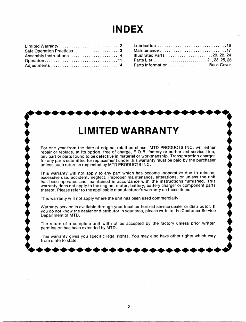 Index, Limited warranty | MTD 310-430A User Manual | Page 2 / 27