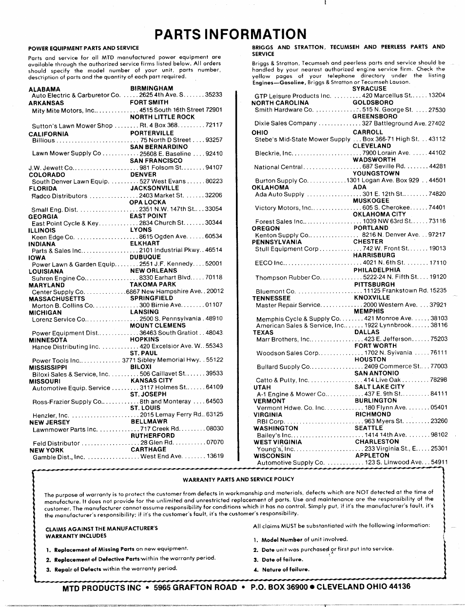Parts information | MTD 310-430A User Manual | Page 27 / 27