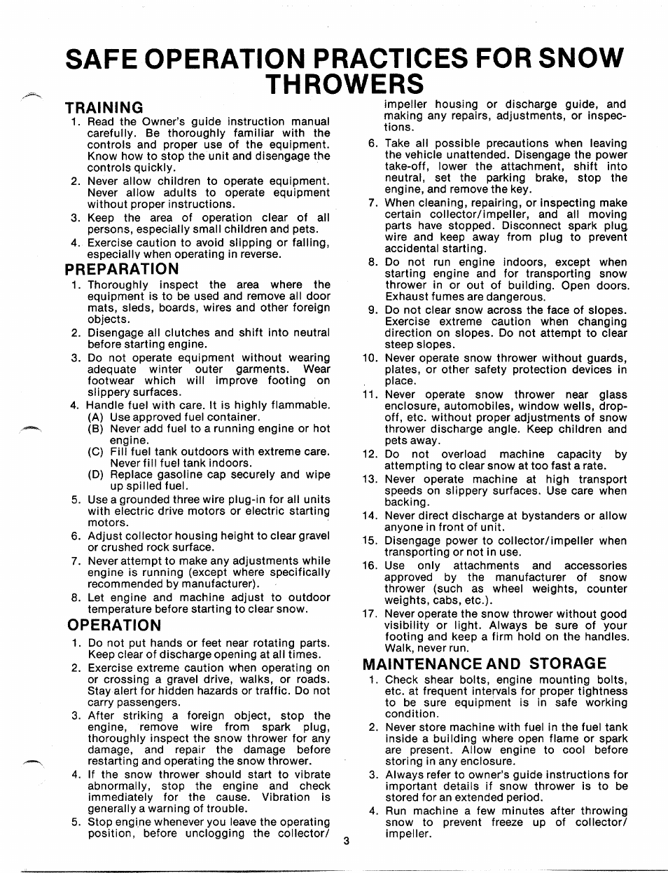 Safe operation practices for snow, Throwers, Safe operation practices | Safe operation practices for snow throwers, Training, Preparation, Operation, Maintenance and storage | MTD 310-430A User Manual | Page 3 / 27