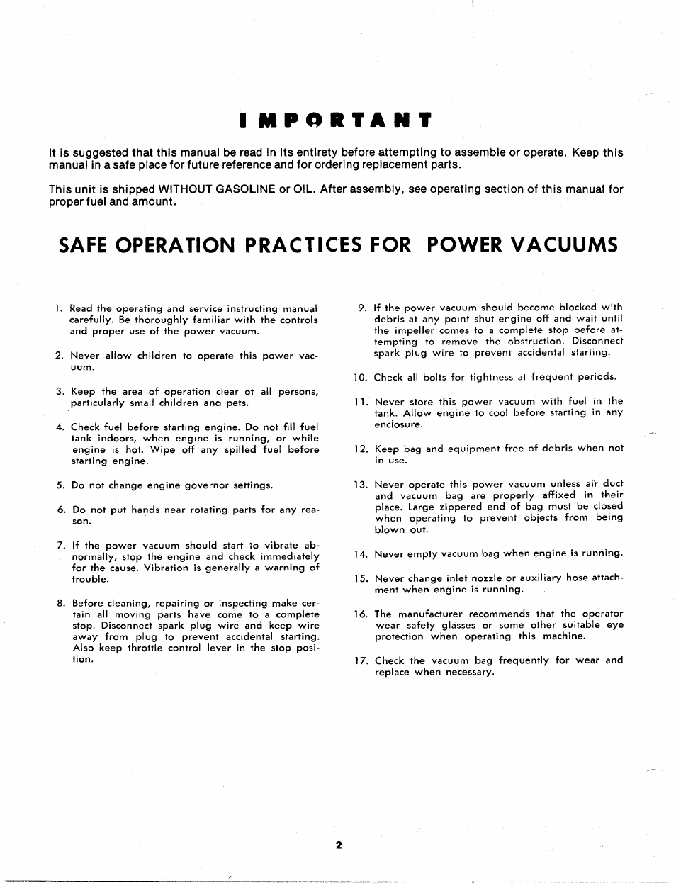 I m p o r t a n t, Safe operation practices for power vacuums | MTD 246-680A User Manual | Page 2 / 11