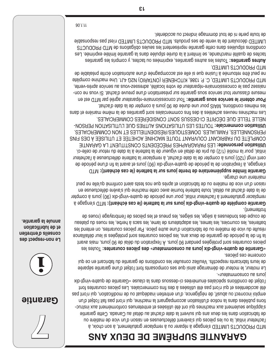 Garantie, Garantie suprême de deux ans | MTD 100 Series User Manual | Page 16 / 28