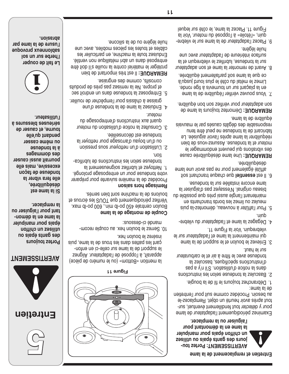 Entretien, Aver tissement | MTD 100 Series User Manual | Page 18 / 28