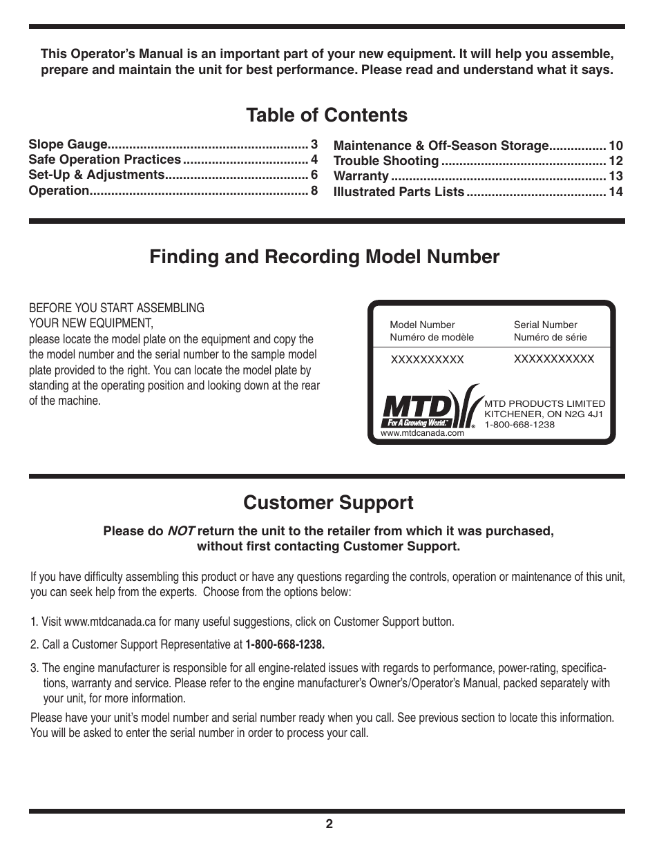 Customer support | MTD 100 Series User Manual | Page 2 / 28