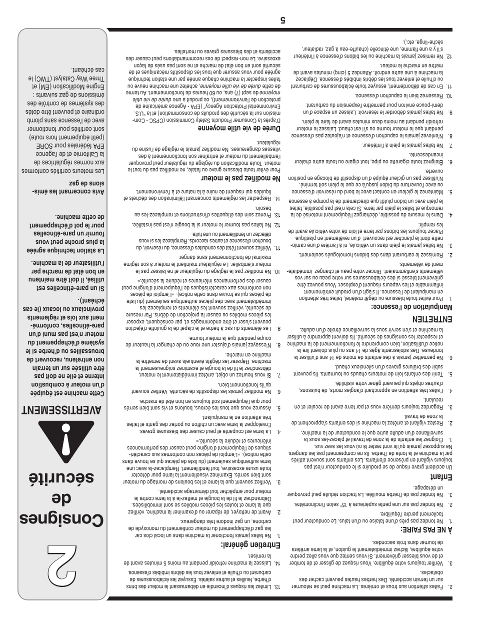 Con sig nes de sécurité, Aver tissement, Enfant | Entretien, Entretien général | MTD 100 Series User Manual | Page 24 / 28