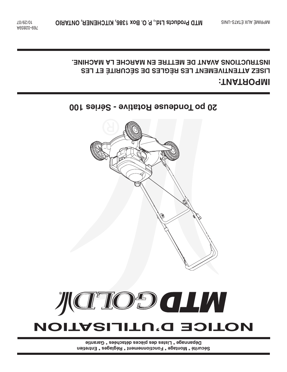 Notice d’utilisa tion, Important | MTD 100 Series User Manual | Page 28 / 28