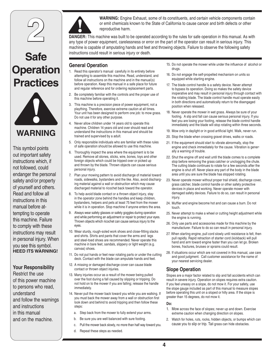 Safe operation practices, Warning, General operation | Slope operation | MTD 100 Series User Manual | Page 4 / 28