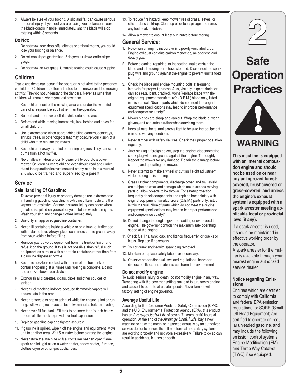 Safe operation practices, Warning, Children | Service, General service | MTD 100 Series User Manual | Page 5 / 28