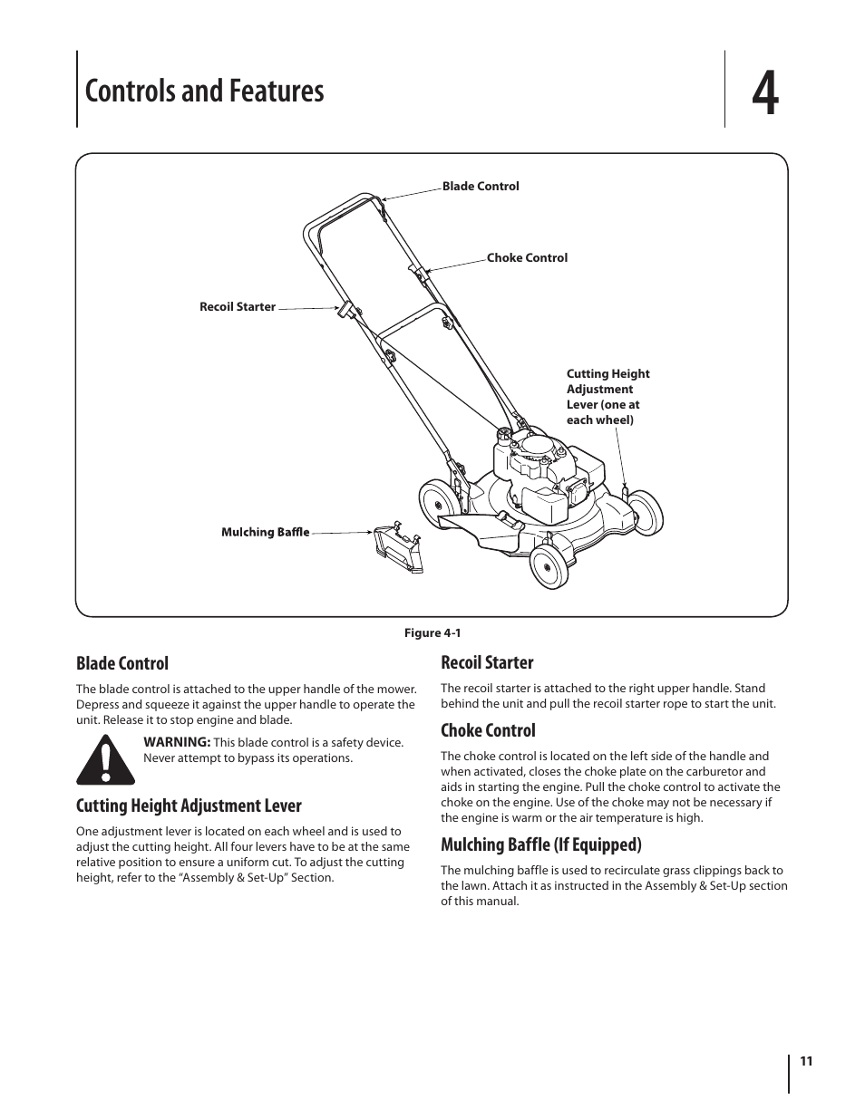 Controls and features, Blade control, Cutting height adjustment lever | Recoil starter, Choke control, Mulching baffle (if equipped) | MTD 08M User Manual | Page 11 / 56