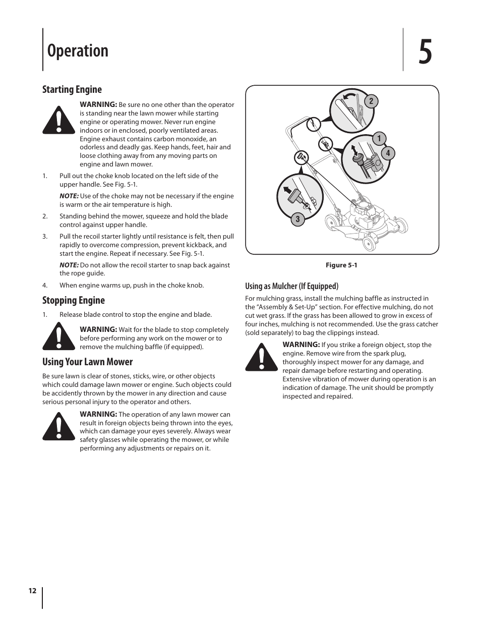 Operation, Starting engine, Stopping engine | Using your lawn mower | MTD 08M User Manual | Page 12 / 56