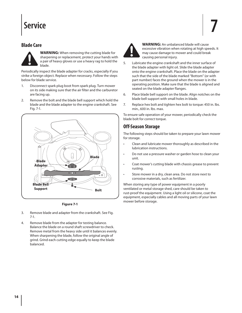 Service, Off-season storage, Blade care | MTD 08M User Manual | Page 14 / 56