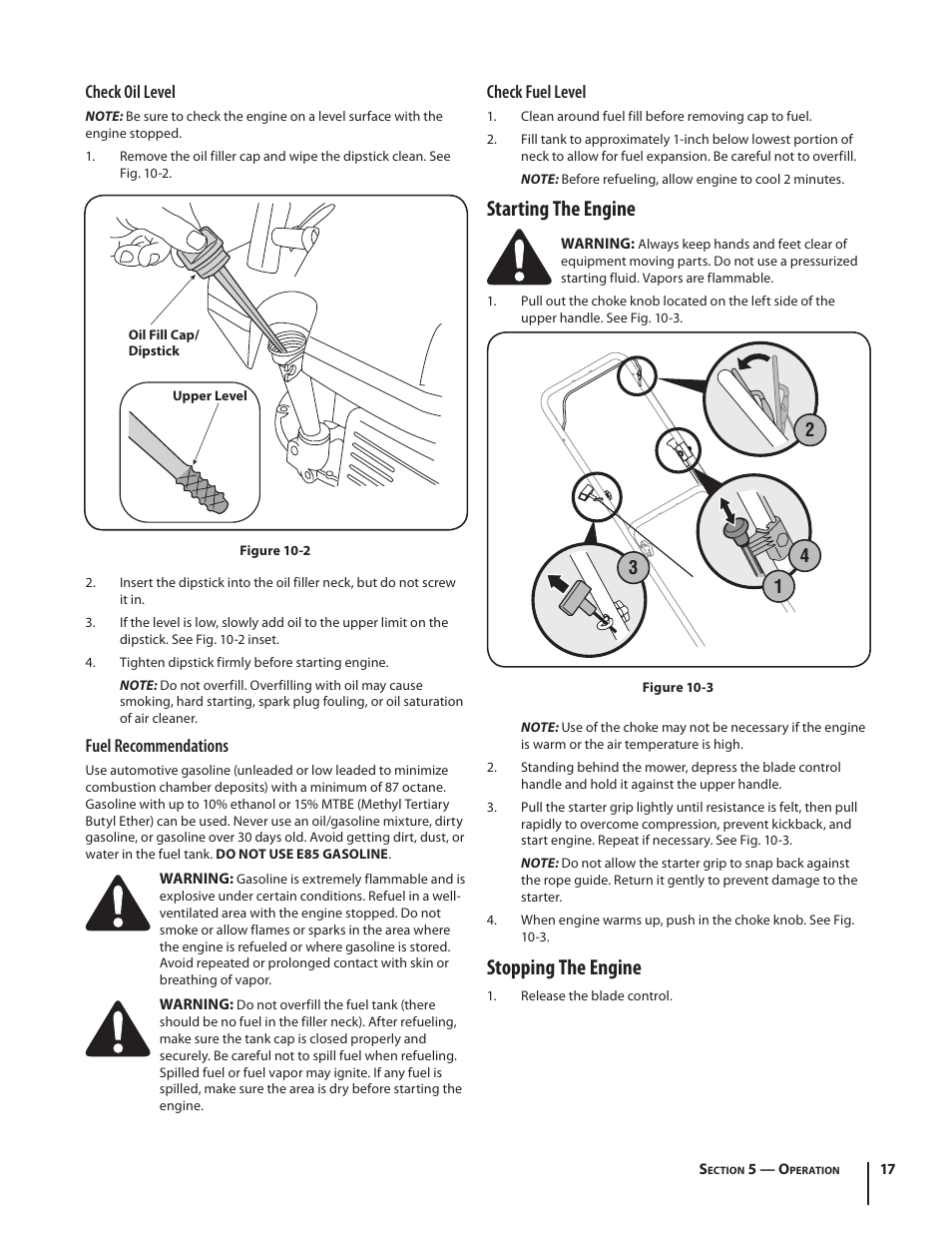 Starting the engine, Stopping the engine, Check fuel level | 32 1 4 check oil level, Fuel recommendations | MTD 08M User Manual | Page 17 / 56