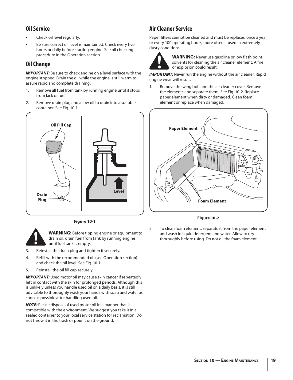 Oil service, Oil change, Air cleaner service | MTD 08M User Manual | Page 19 / 56