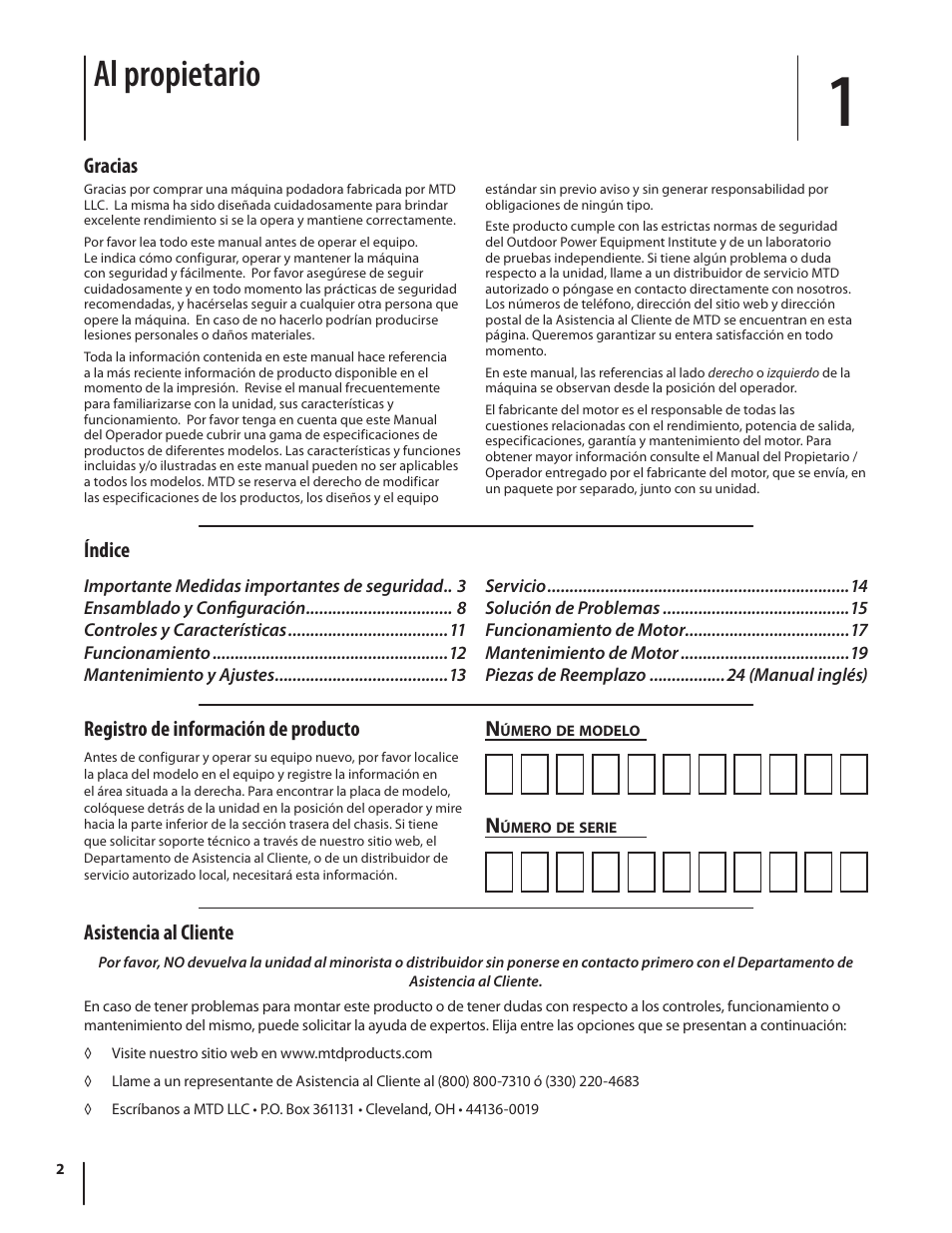 Al propietario, Asistencia al cliente, Gracias índice n | Registro de información de producto | MTD 08M User Manual | Page 32 / 56