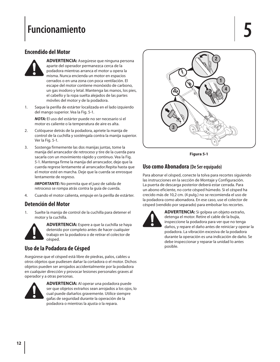 Funcionamiento, Encendido del motor, Detención del motor | Uso de la podadora de césped, Uso como abonadora | MTD 08M User Manual | Page 42 / 56