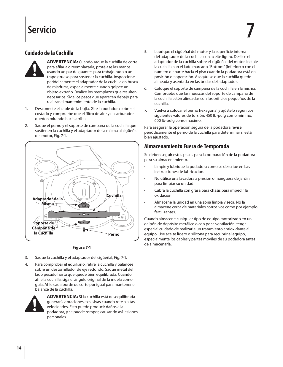 Servicio, Almacenamiento fuera de temporada, Cuidado de la cuchilla | MTD 08M User Manual | Page 44 / 56